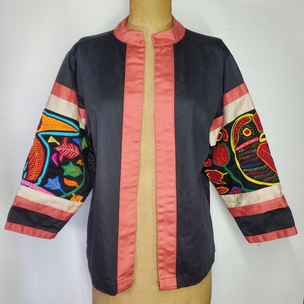 Crossroads MS Size L Jacket Cardigan 100% Cotton Hand Embroidered Toucan Birds